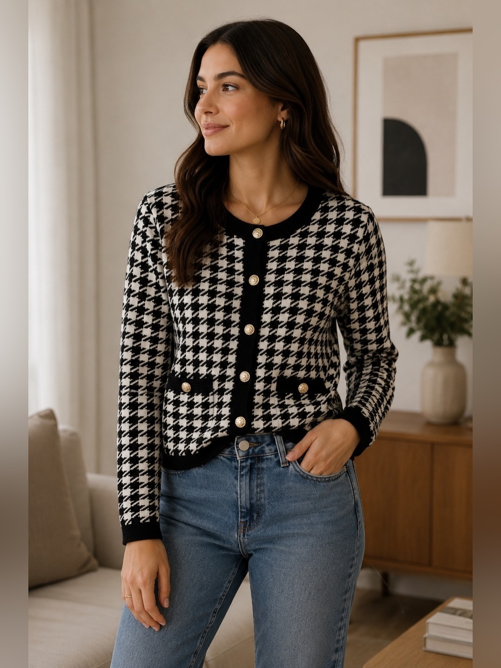 Contemporaine Simons Black and White Houndstooth Cardigan Size L Fits Small